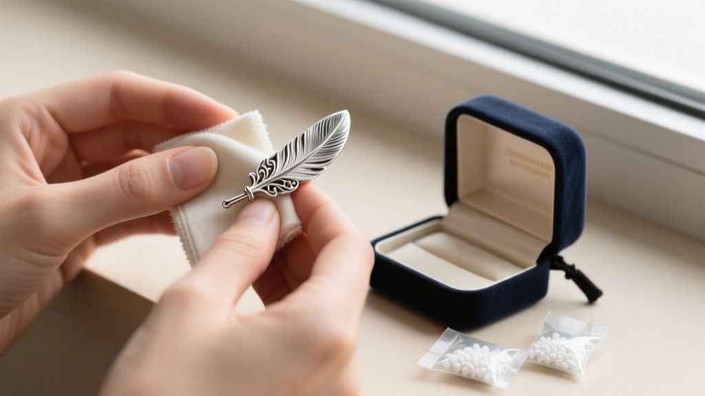 Hands polishing a sterling silver feather earring with a soft cloth beside an anti-tarnish storage bag and silica gel packets
