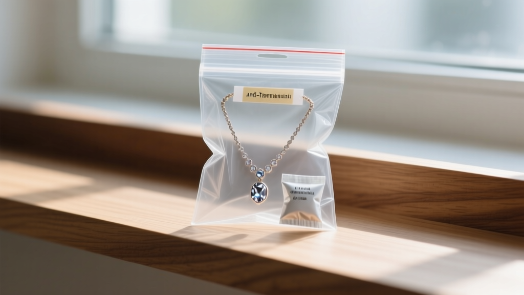 Necklace sealed in a clear polyethylene bag with an anti-tarnish strip and silica gel packet, resting on a clean wooden shelf