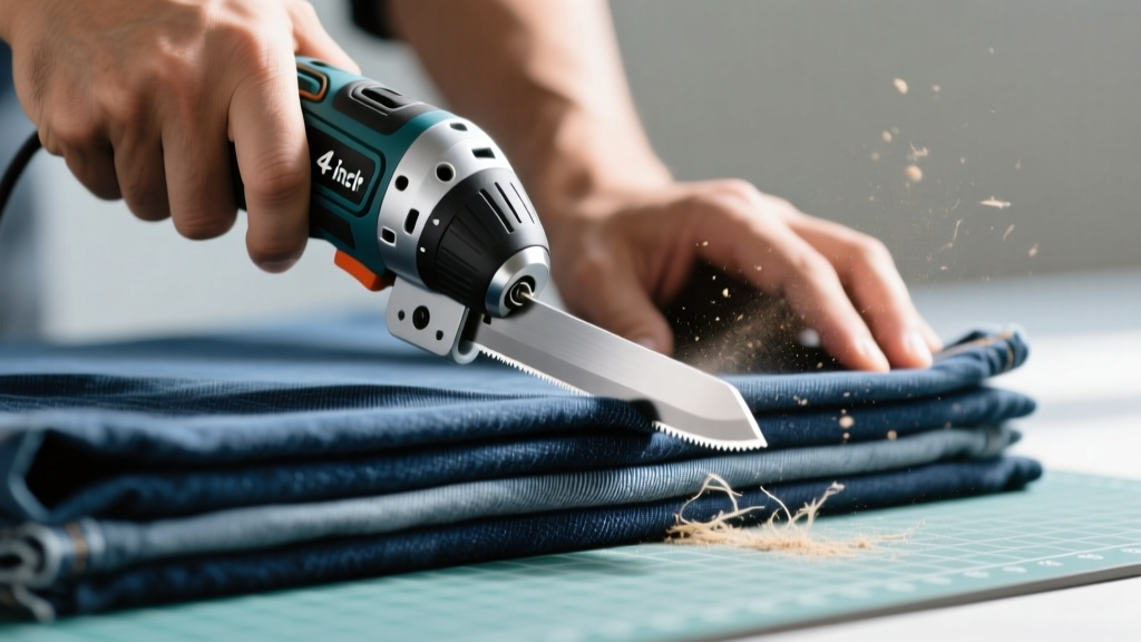 Hands using a 4-inch cordless electric fabric cutter to slice through six layers of heavy denim canvas on a cutting mat