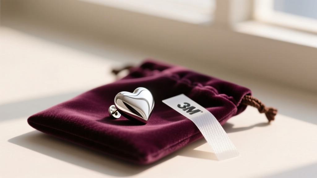 Silver Baby Fat heart earring stored inside an airtight anti-tarnish velvet pouch alongside a specialized 3M anti-tarnish strip.