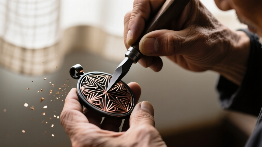 Japanese artisan engraving traditional Damascene patterns into a dark iron pendant using a fine-tipped tungsten carbide burin