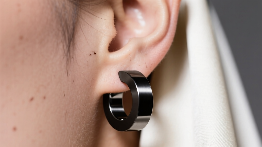 Close-up of an ear wearing a 50mm hollow black PVD titanium hoop earring, soft studio lighting highlighting the dark matte finish.