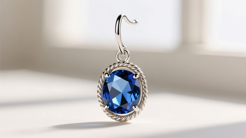 Macro shot of a Judith Ripka sterling silver drop earring with a faceted London blue topaz gem and textured rope motifs.