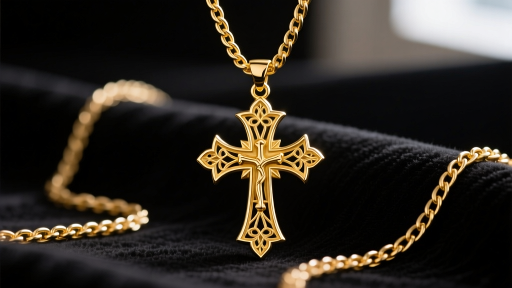 Close-up of a heavy 18k yellow gold gothic cross pendant hanging on a thick 5mm Franco chain against dark velvet.