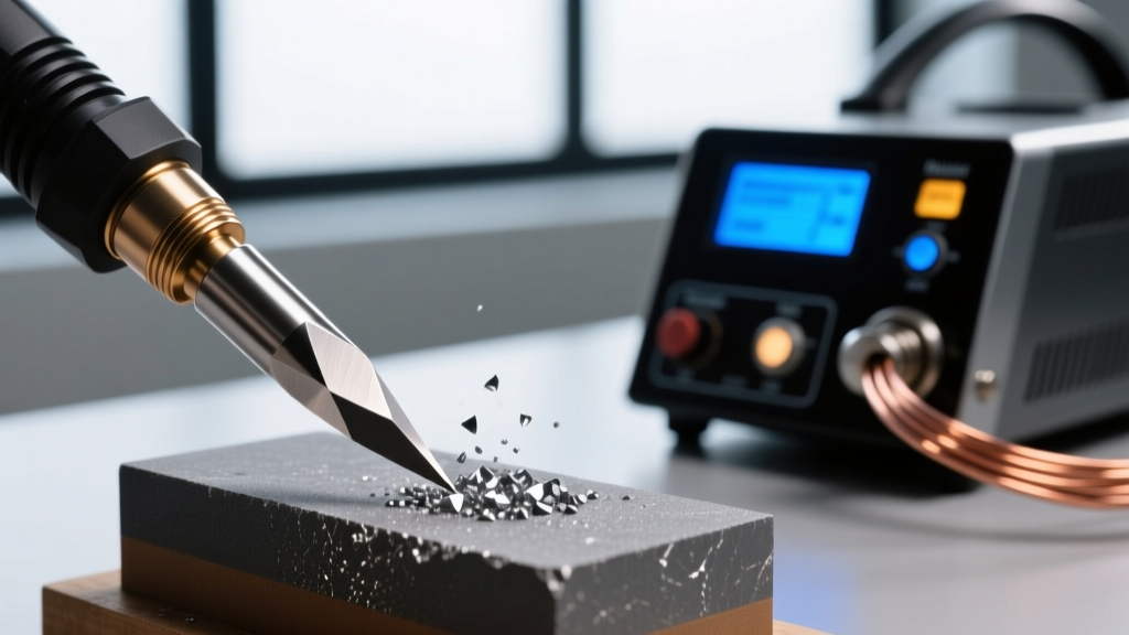 Close-up of a tungsten electrode being filed to a precise point on a diamond sharpening block next to a pulse arc jewelry welder.