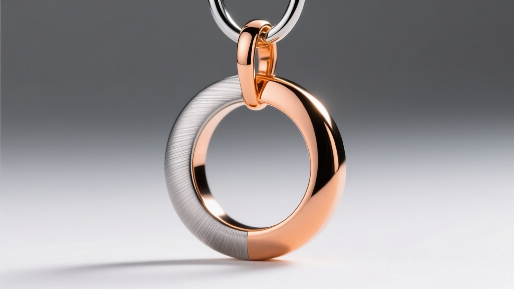 Macro shot of a brushed titanium and 18k rose gold two-tone circle pendant showing detailed metal textures and a secure jump ring