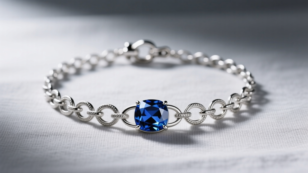 Solitude silver necklace with bezel-set blue sapphire on grey linen, highlighting intricate filigree chain links and the clasp