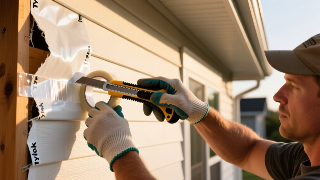 Contractor repairing torn Tyvek weather barrier behind vinyl siding using specialized acrylic flashing tape and a utility knife.