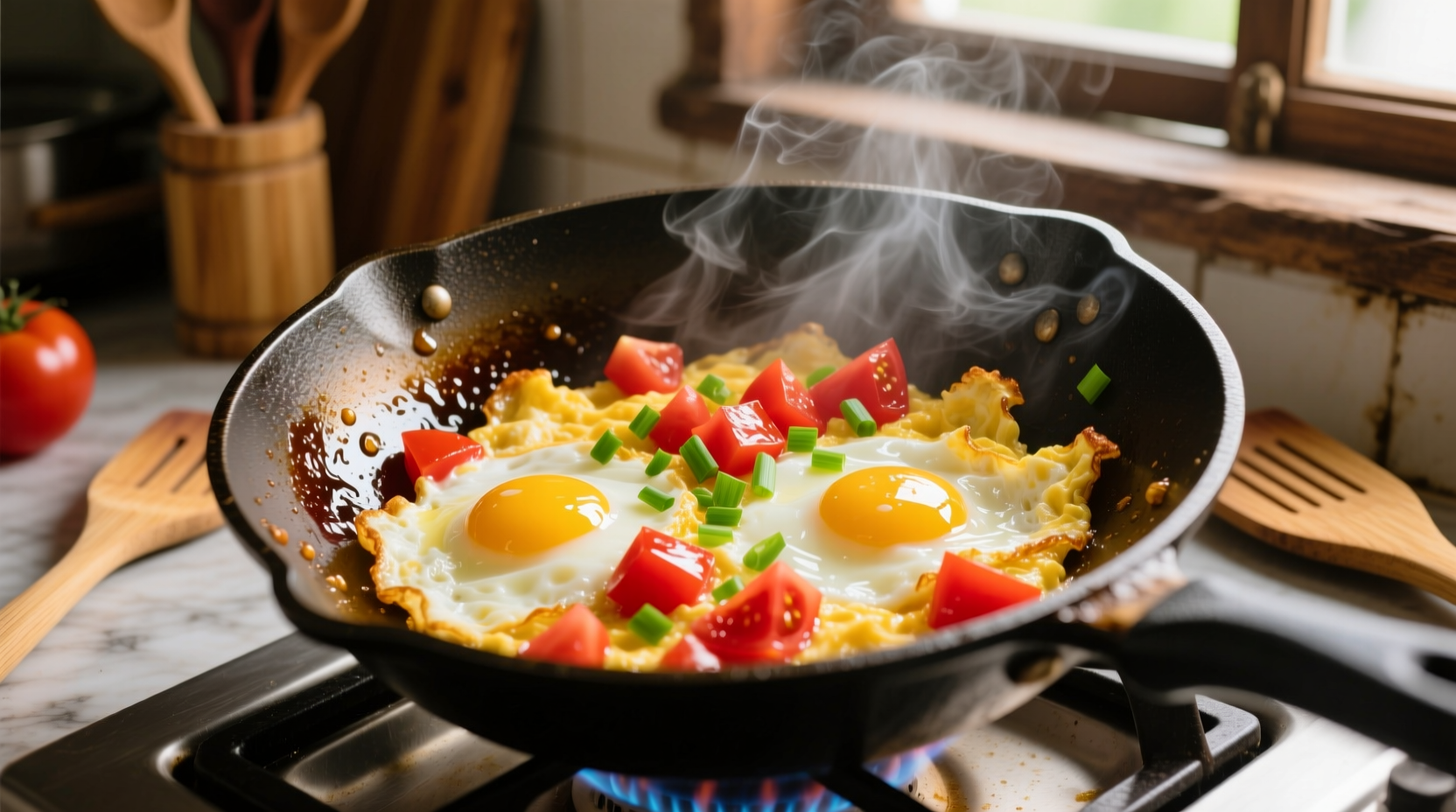 Golden scrambled eggs with vibrant red tomatoes in wok
