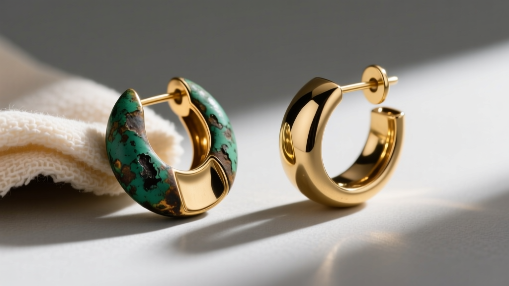 Tarnished brass designer earring next to a restored piece, showing removal of green oxidation using a soft microfiber cloth.