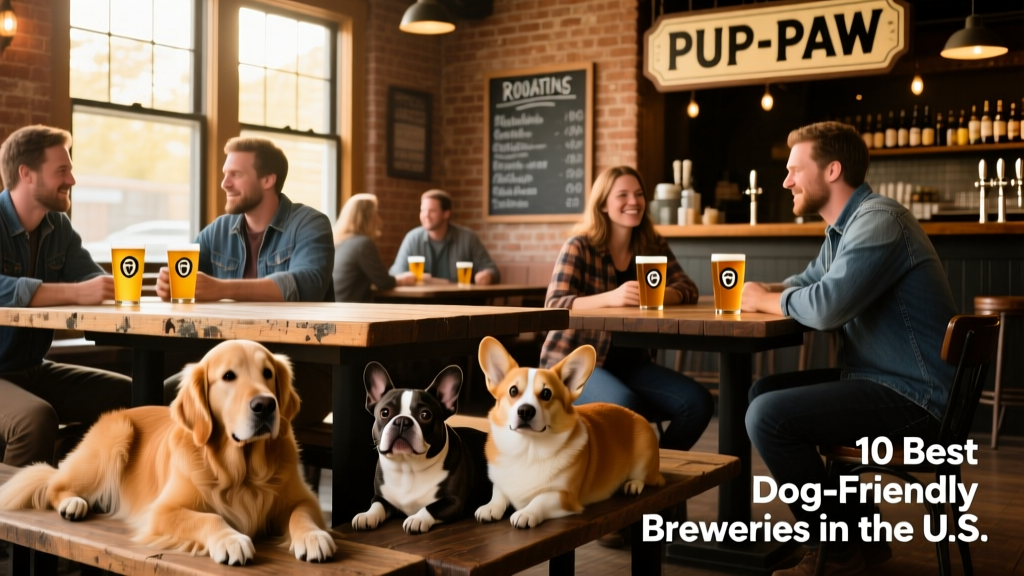 A cozy taproom interior with dogs resting under wooden tables while owners sip from branded pint glasses