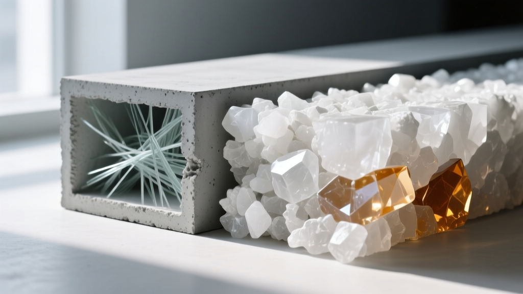 Cross-section of gray GFRC concrete with glass fibers beside dense white engineered quartz showing resin and crushed stone