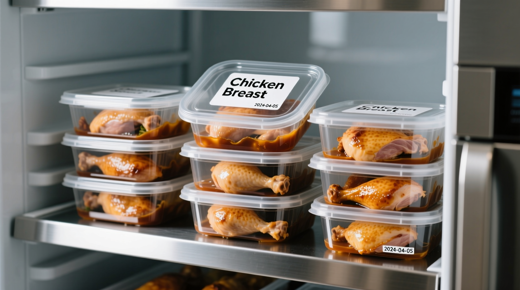 Properly packaged cooked chicken in freezer containers