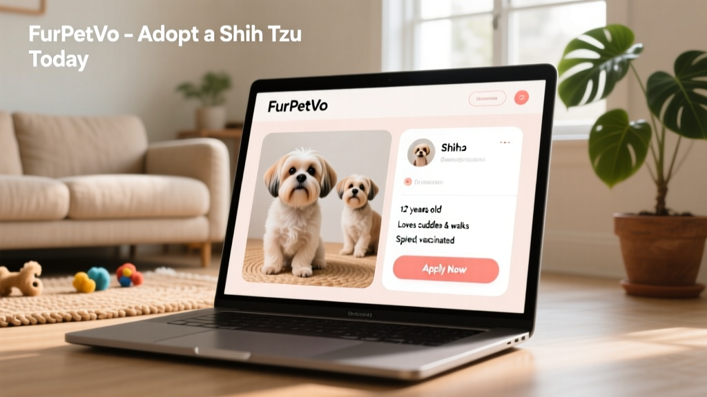 A laptop screen showing a FurPetVo profile page for a Shih Tzu, with clear photos, bio section, and 'Apply Now' button visible