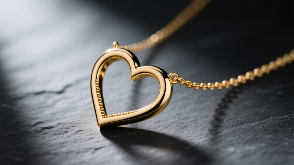 Macro shot of a hollow gold heart necklace showing a subtle seam line and lightweight bail against a dark, moody slate background.