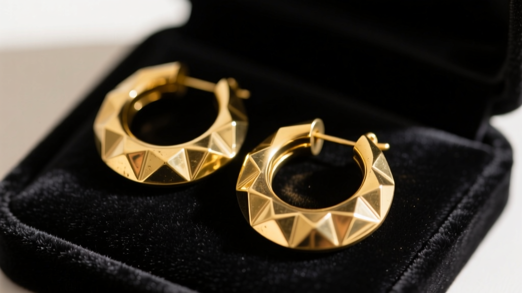 Close-up of a pair of vintage 1970s oversized gold-plated brass disco hoop earrings resting on a dark velvet jewelry repair mat