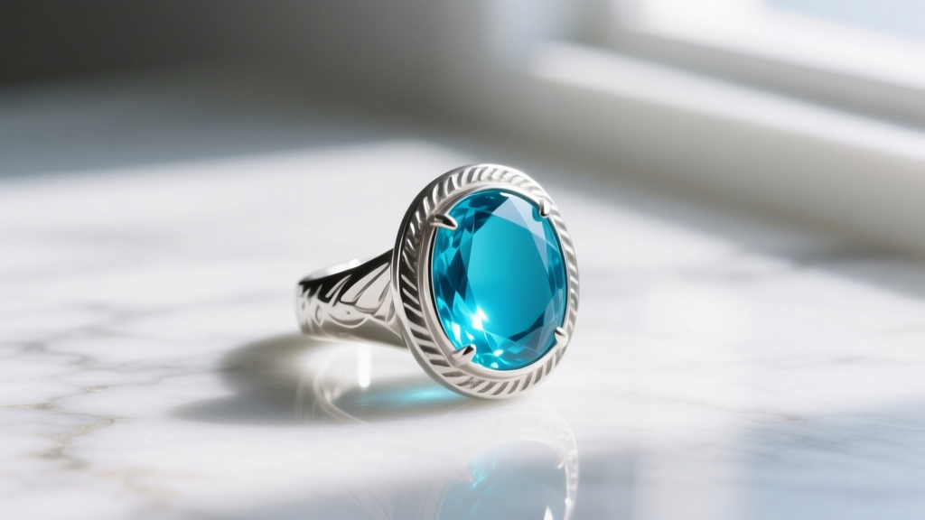 Vibrant matrix-free robin egg blue Sleeping Beauty turquoise cabochon set in thick sterling silver bezel ring on marble surface