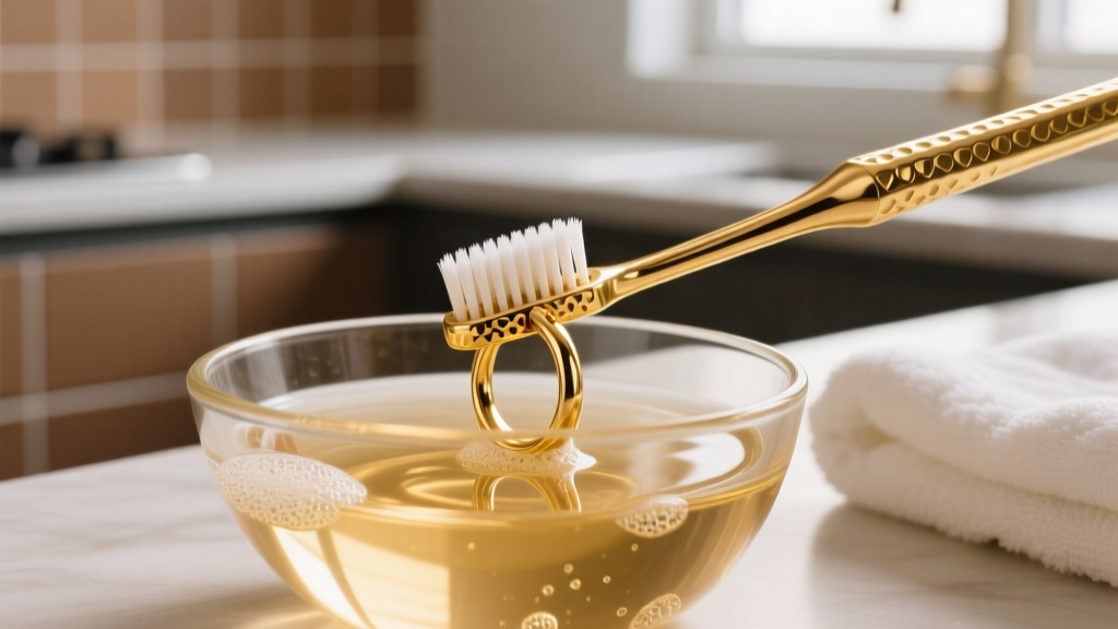 Close-up of soft toothbrush cleaning hammered crevices of 18k gold hoop earring submerged in warm soapy water in a glass bowl.