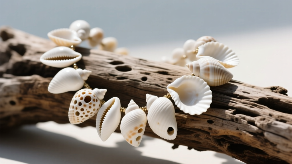 Natural asymmetrical white puka shell lei necklace laid out on weathered driftwood, showcasing unique organic holes of each shell.