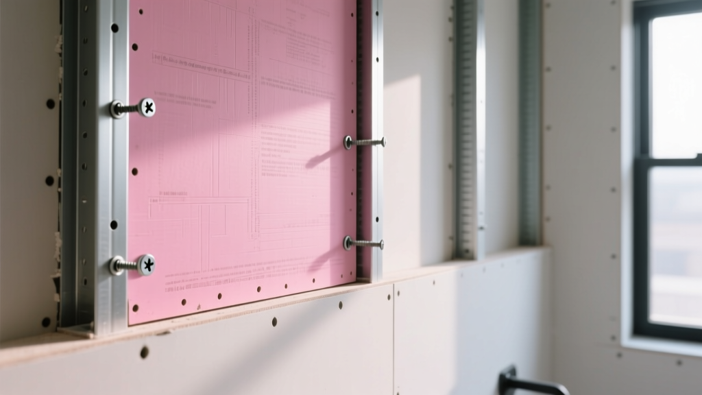 Close-up of a pink-faced moisture-resistant gypsum board being screwed into metal wall studs in a modern bathroom framing