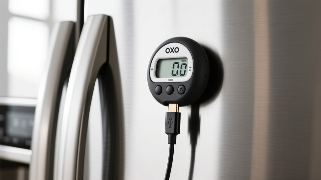 Close-up of a USB-C cable charging an OXO Good Grips magnetic kitchen timer mounted on a modern stainless steel refrigerator door