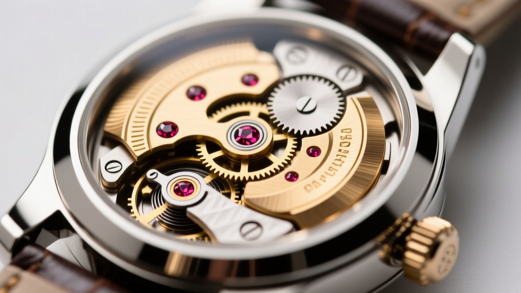 Macro shot of an open-face pendant watch movement showing intricate brass gears and ruby jewels inside a polished tungsten case