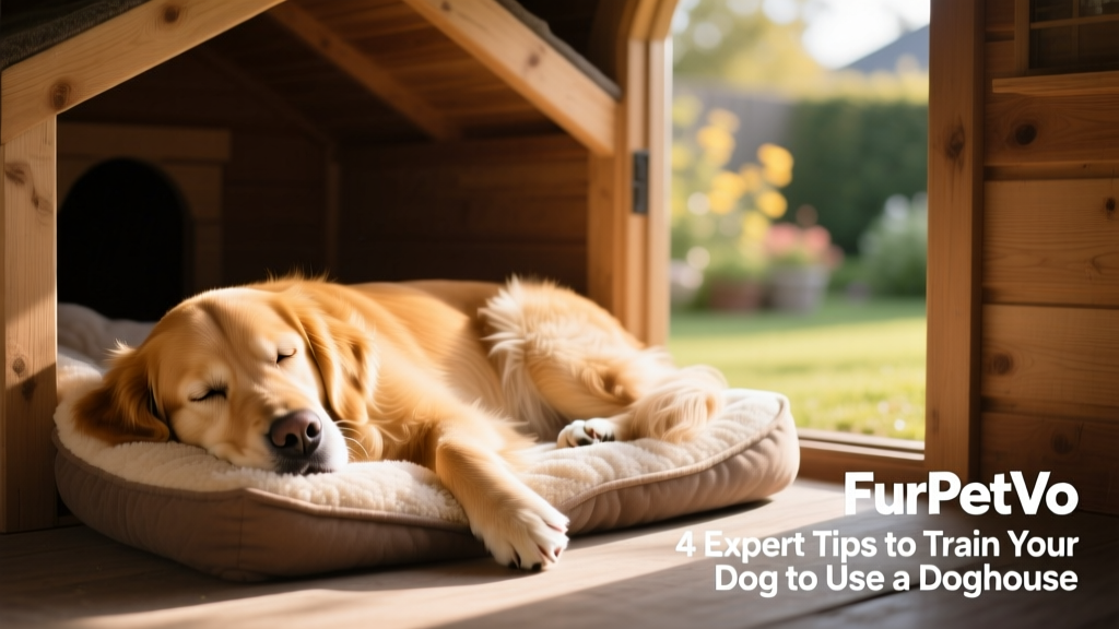 A relaxed golden retriever lying comfortably inside a FurPetVo doghouse with soft bedding, natural light filtering in through the entrance