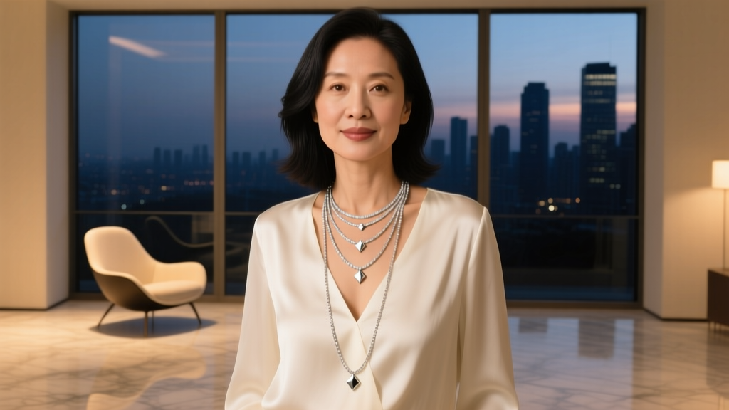 Woman in a v-neck silk blouse wearing a layered platinum lariat necklace, illuminated by warm evening lighting in a luxury setting.