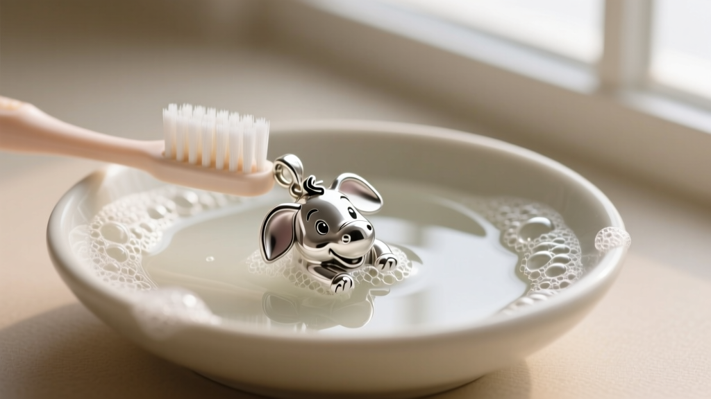 Soft baby toothbrush gently scrubbing the crevices of a sterling silver Eeyore pendant submerged in a bowl of mild soapy water.
