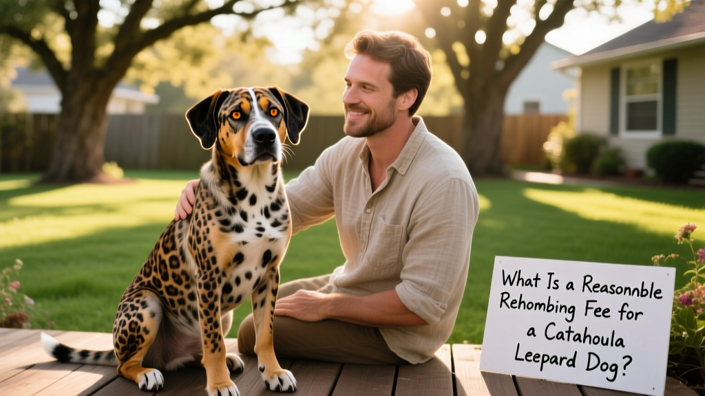 A friendly Catahoula Leopard Dog sitting calmly beside its owner in a sunlit backyard