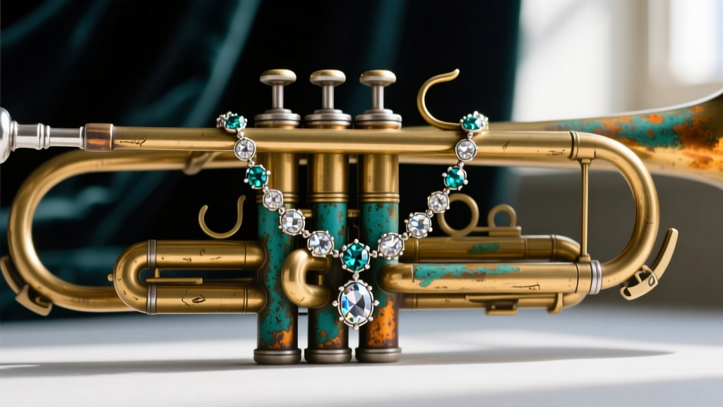 Close-up of a brass trombone clasp on a 1930s marcasite necklace, revealing the push-pull mechanism and natural antique patina