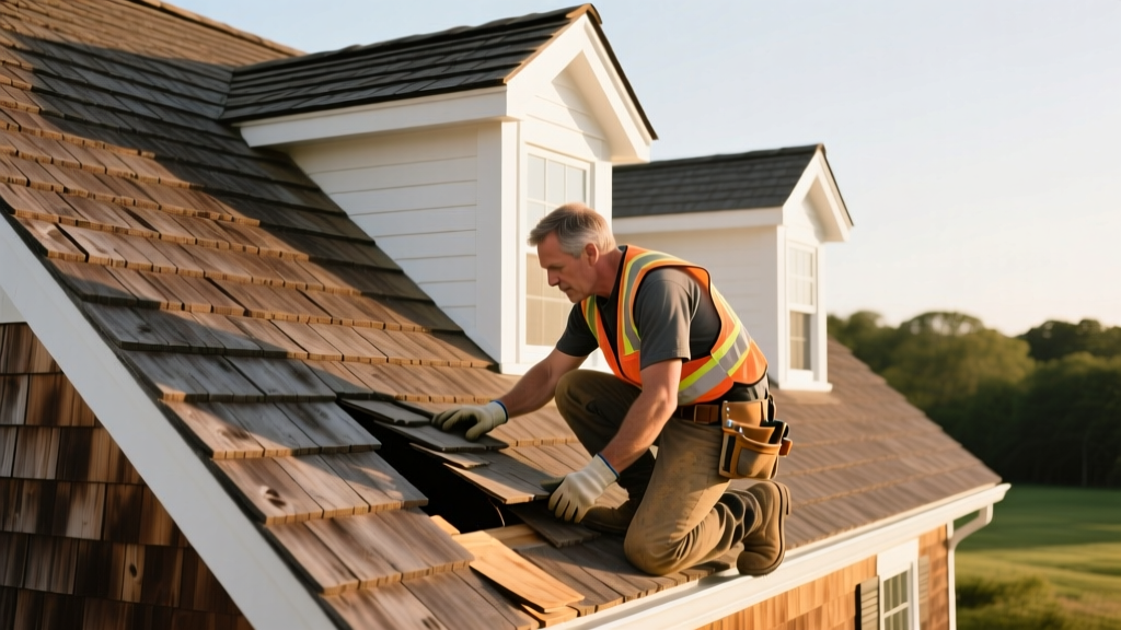 Weathered cedar wood shakes on a steeply pitched Cape Cod style roof with white dormers being inspected by a roofing contractor