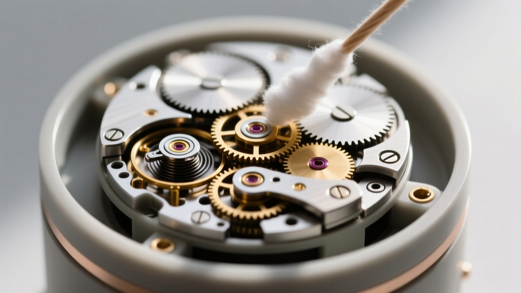 Underside view of a motorized jewelry carousel base showing the exposed DC motor gears, being carefully cleaned with a cotton swab.