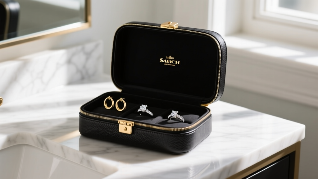Open black Saffiano leather Coach travel jewelry case on a marble vanity, holding gold hoop earrings and diamond rings.