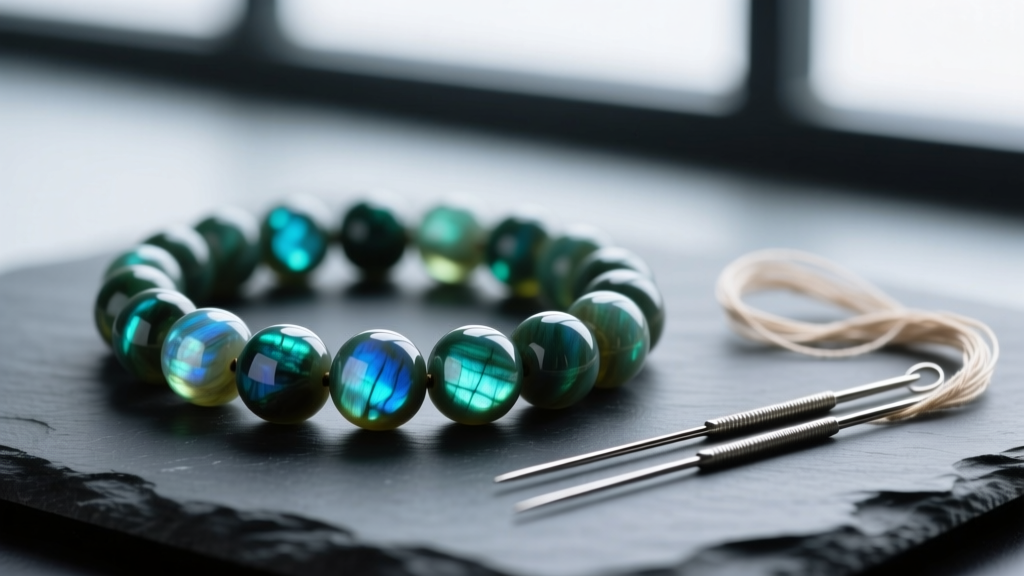 Labradorite beads with blue-green flashes on dark slate, beside nylon thread and beading needles in soft natural light.
