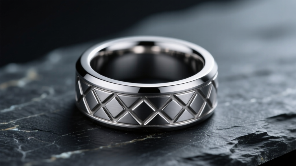 Close-up of a matte Grade 5 titanium signet ring with geometric carvings on dark slate under soft directional studio lighting