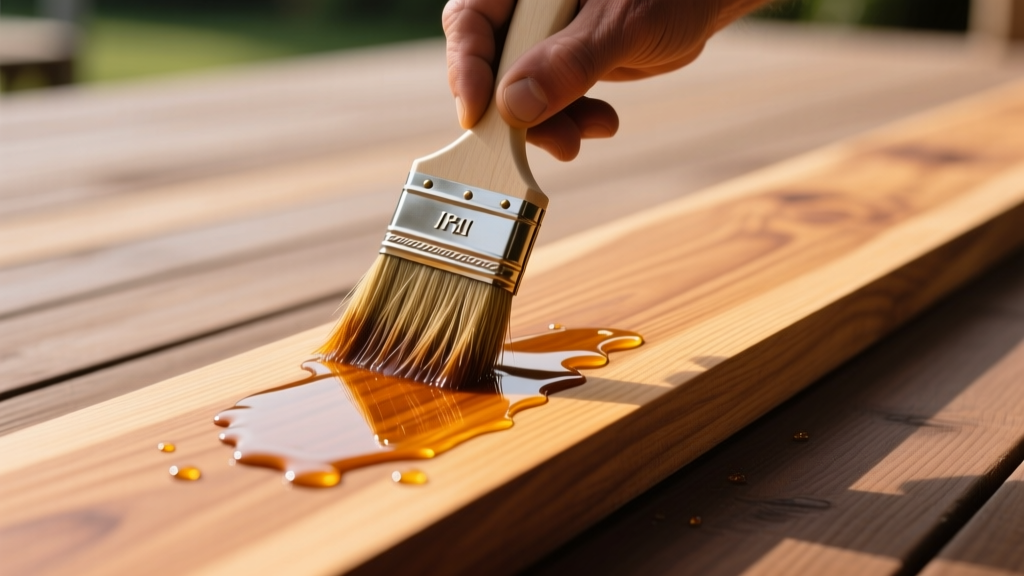 Close-up of a professional applying a rich amber penetrating oil stain to an Ipe hardwood deck board with a natural bristle brush