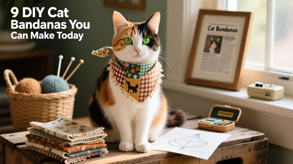 A calico cat wearing a layered, multi-patterned scrap fabric bandana tied behind the ears