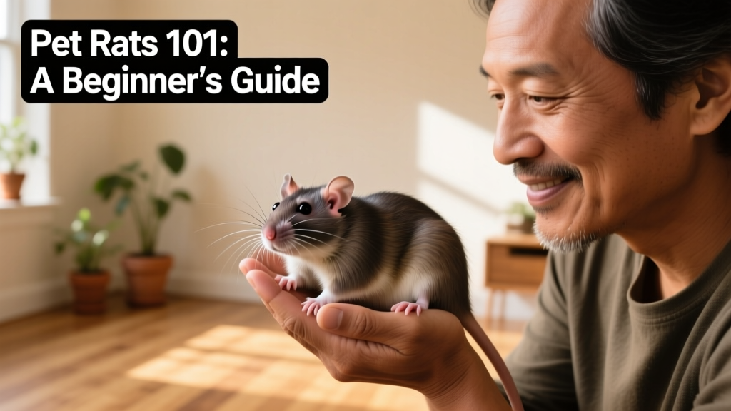 Person gently holding a relaxed pet rat in open palms, both making eye contact