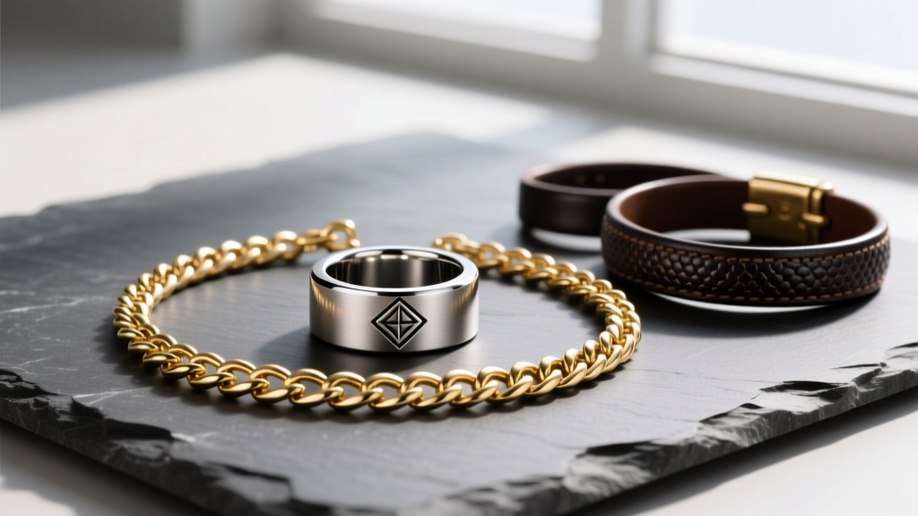 Flat lay of mens fashion jewelry with a brushed titanium signet ring, 4mm gold Cuban chain, and dark leather bracelets on slate.