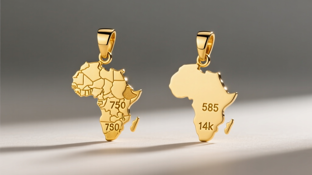 Comparison of 18k and 14k gold Africa map pendants showing the color difference and stamped purity hallmarks on the back.