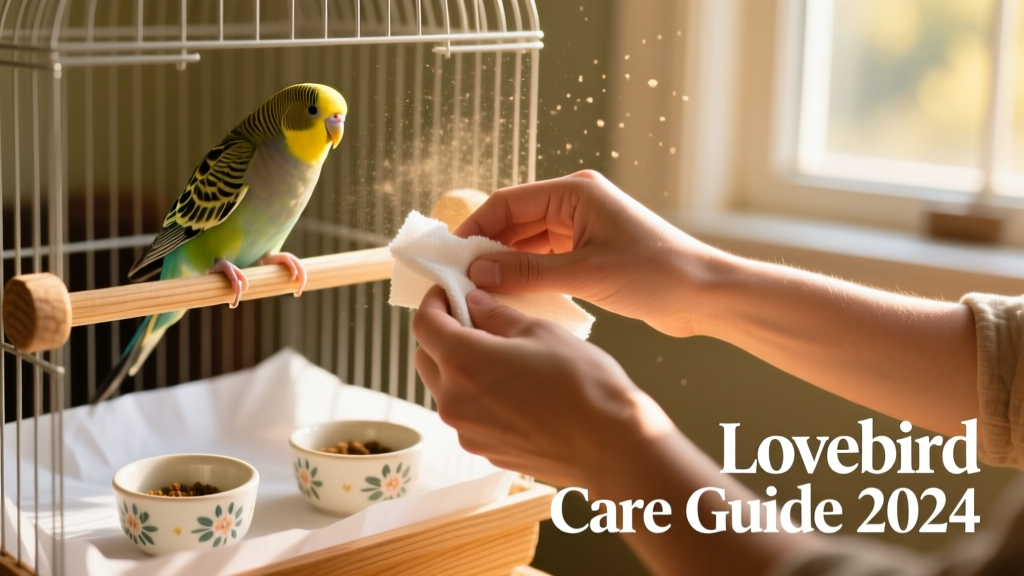 Hands cleaning a lovebird cage with natural wood perches, paper liner, and ceramic food bowls