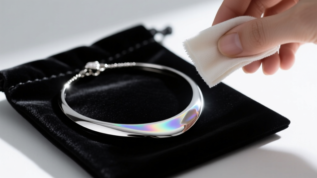 Liquid silver necklace being gently polished with a microfiber cloth, resting next to a dark velvet anti-tarnish storage pouch.
