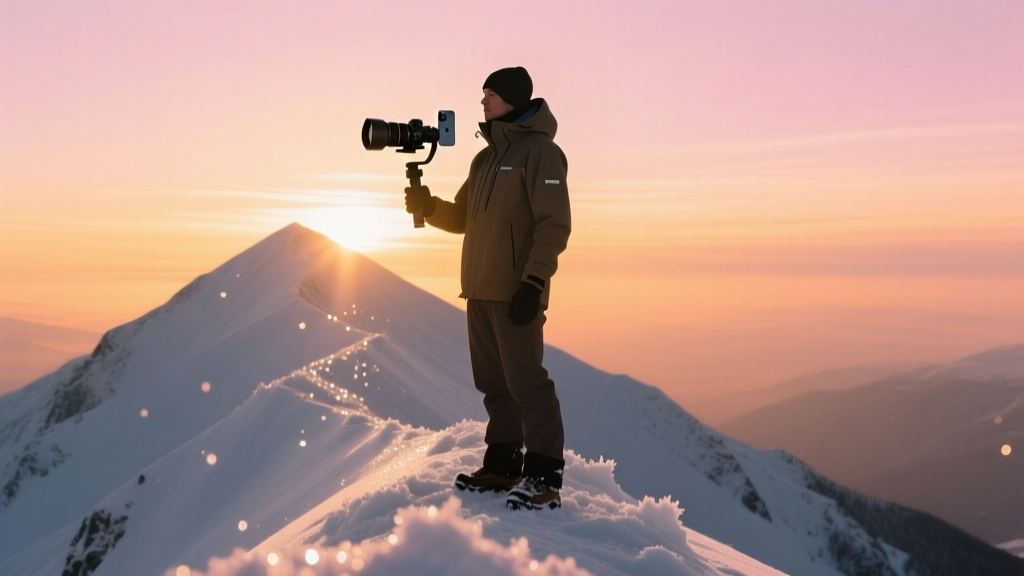 Hiker on a snowy mountain ridge holding a smartphone rigged with a 3-axis gimbal and external telephoto lens at sunrise
