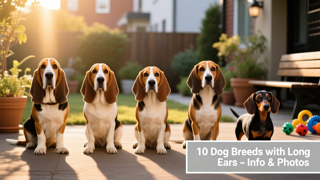 Side-by-side portrait of five dog breeds with long ears: Basset Hound, Bloodhound, Beagle, Coonhound, and Dachshund