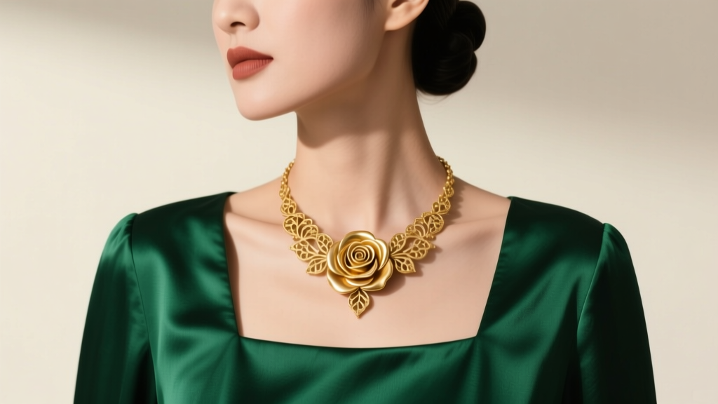 Woman wearing a Retro 14k gold vintage rose necklace over an emerald silk blouse with a square neckline under soft studio light