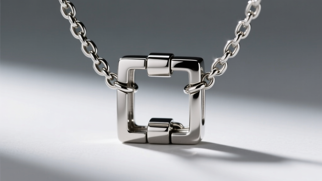 Macro shot of a box clasp on a 4mm stainless steel square chain necklace, revealing the secure internal locking metal mechanism