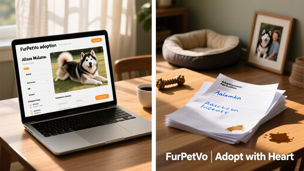 A side-by-side comparison: a well-organized FurPetVo adoption profile on a laptop screen next to printed adoption application questions