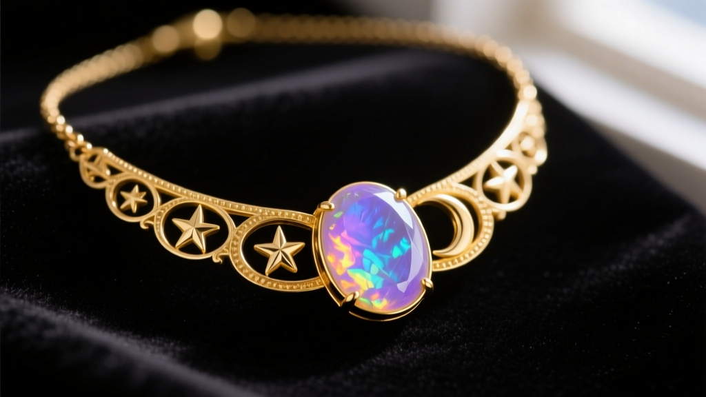 Macro shot of a 14k yellow gold necklace with stars and moon pendant featuring a glowing rainbow moonstone cabochon on dark velvet.
