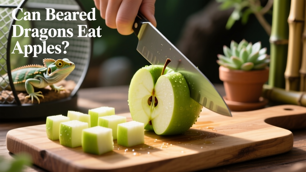 Close-up of a peeled, cored apple being cut into tiny, uniform cubes suitable for a bearded dragon